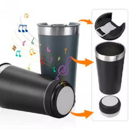 Vaso Termico con bocina Bluetooth acero inoxidable de doble pared  (Negro) / altavoz Bluetooth recargable extraíble