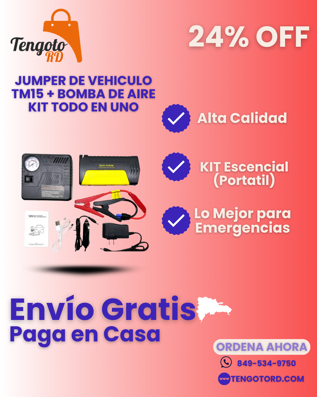 COMBO 2 EN 1 JUMPER DE VEHICULO TM15 + BOMBA DE AIRE KIT POWERDRIVE™ TODO EN UNO /  TU MEJOR ACOMPAÑANTE EN LA CARRETERA!