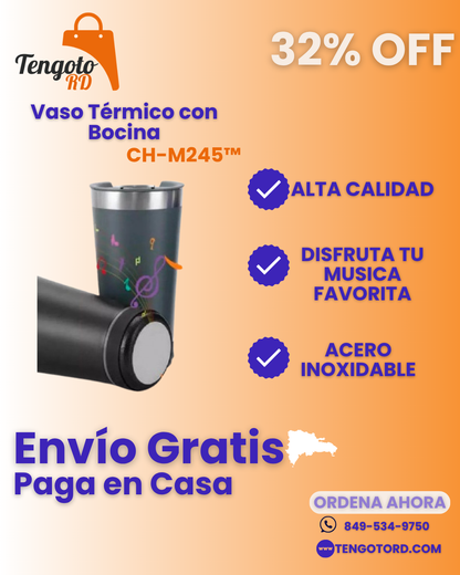 Vaso Termico con bocina Bluetooth acero inoxidable de doble pared  (Negro) / altavoz Bluetooth recargable extraíble